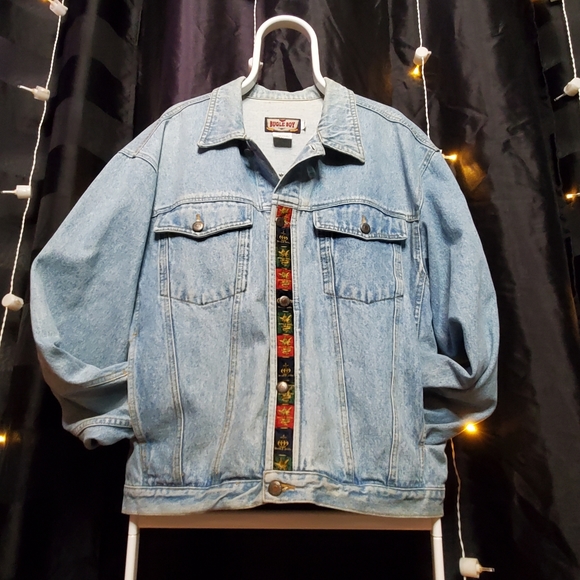 VTG Classic Bugle Boy Large 80's 90's blue TRUCKER denim L jacket jeans - Picture 2 of 5